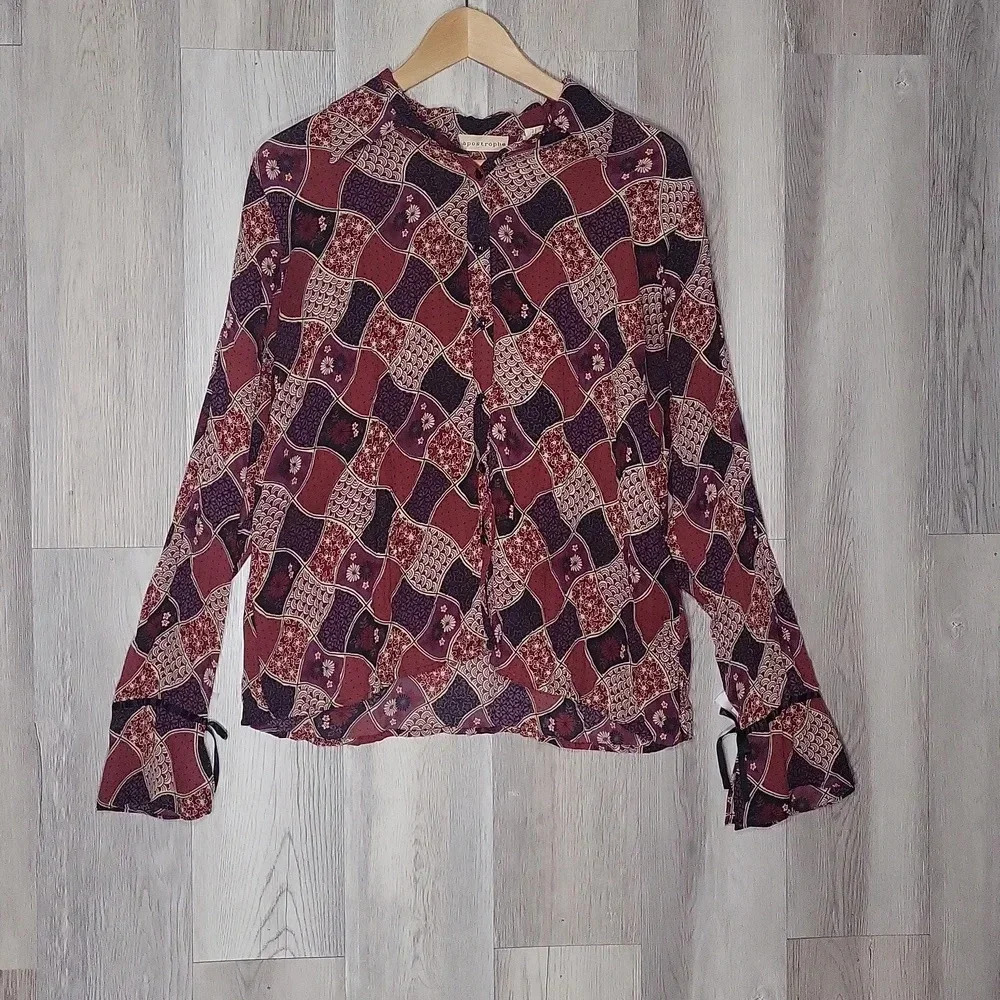 Apostrophe Womens L Red Purple Floral Sheer Button‎ Up Bell Sleeve Gauze Top